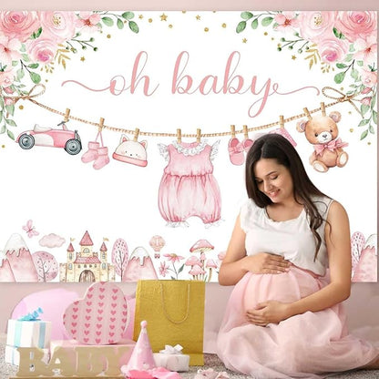 Sensfun Cute Clothes Baby Shower Backdrop Oh Baby Girl Pink Floral Adventure Photography Background It's A Girl Baby Shower Party Decorations Banner Supplies Photo Booth Props 7x5ft