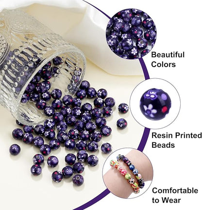 100 PCS 10mm Resin Beads Bulk for Bracelet Making Kit, Blue Flower Printed Round Loose Beads for Jewelry Earring Necklace Rings Art Craft DIY Projects