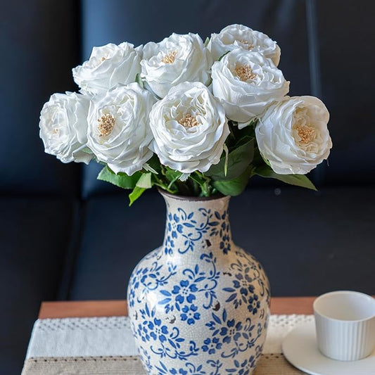 DUYONE White 4pcs Fake Flowers for Decoration Home Decor Real Touch Artificial Flowers Austin Rose Peony Latex Fake Flower Living Room Decoration Vivid Pink Roses Peonies(White 4pcs)
