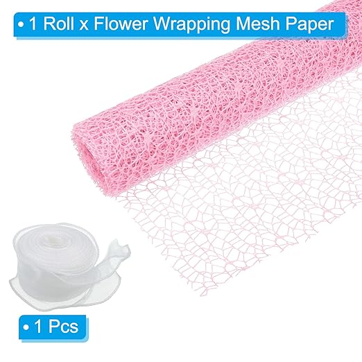 PATIKIL Flower Wrapping Mesh Paper, 15ft Floral Bouquet Craft Packaging Hollow Net Yarn with Ribbon for Flowers Gift Packaging, Light Pink