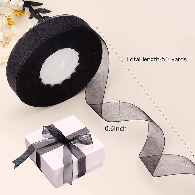 Cftone 4 Yards Pearl Edge Flower Wrapping Mesh Paper with 3/5 inch Organza Ribbon 50 Yard Gift Wrap Ribbon, Bouquet Transparent Mesh Wrapping Paper for Mother's Day Valentine's Day Wedding Graduation Birthday Gift (Black with 50 Yard Black Ribbon)