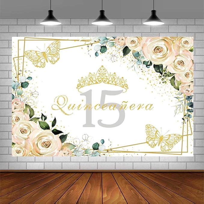 SENDY 8x6ft Quinceañera Backdrop Mis Quince 15 Anos Birthday Party Decorations Supplies for Girl Princess White Floral Gold Crown Butterfly Photography Background Banner Photo Booth Studio Props Vinyl
