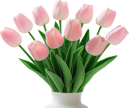 20 Pcs Tulips Artificial Flowers 13" Pink Faux Flowers Real Touch PU Fake Tulips Bouquet for Floral Arrangement Home Kitchen Table Wedding Decorations