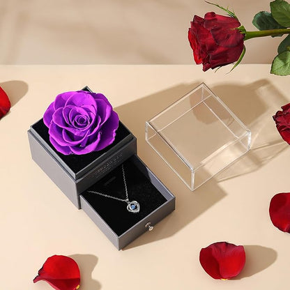 Romantic Rose Gifts for Her - Forever Preserved Rose with Silver Heart Pendant Necklace for Wife Girlfriend Mom | You Are My Sunshine Music Box for Women - Perfect on Valentines, Birthday, Anniversary