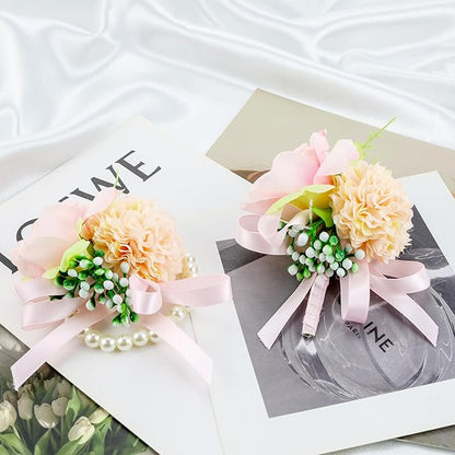 SITUMEIZI 2Pcs Pink Corsage and Boutonniere Set,Corsage Wristlet for Prom Decor,Boutonniere for Men Wedding Flowers Accessories Party Suit Decoration
