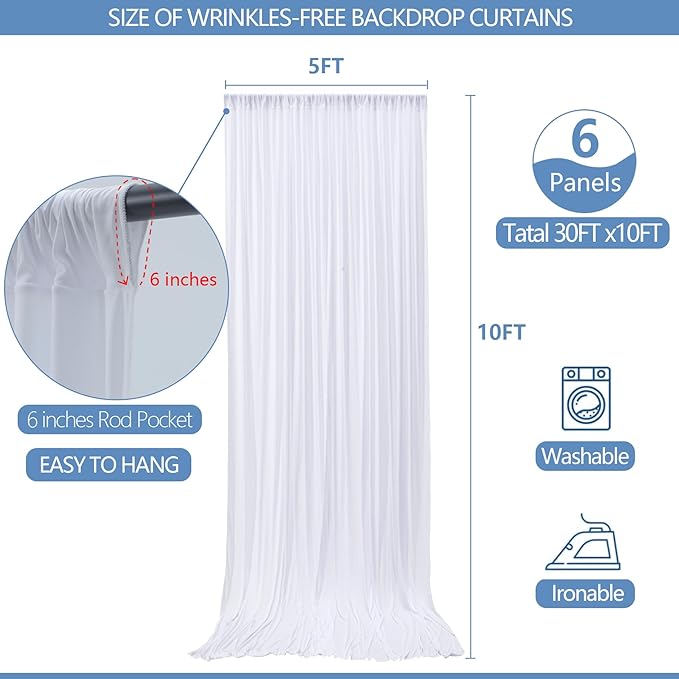 30x10ft Wrinkle Free White Backdrop Curtain for Parties Soft Fabric Drapes Wedding White Curtain Backdrop for Birthday Party Decorations Background for Photography 5x10ft, 6 Panels