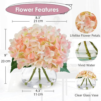Hydrangea Artificial Flowers in Glass Vase, Powder Silk Fake Flowers Silk Centerpiece Table Decorations for Dining Room， Coffee Table Decor，Wedding, Home with Faux Water Decor（Pink）