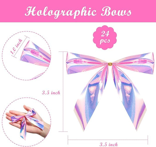 WRAPAHOLIC 24 Pcs Small Holographic Pink Christmas Bows - Iridescent Pink Twist Tie Bows for Christmas Tree, Wreath, Gift Wrapping, Wedding, Crafts, Home Decor - 3.5 x 3.5 inch