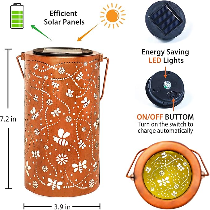 Bee Solar Lanterns Outdoor Waterproof Hanging Solar Lights Bee Gifts for Women Men Metal Decorative LED Bee Lanterns for Garden Decor,Yard,Patio,Lawn,Tabletop,Pathway,Landscape