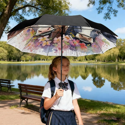 Watercolor Cows Flower Print Folding Umbrella Windproof Compact Lightweight Travel Umbrella with 8 Reinforced Ribs, Portable UV Sun & Rain Protection for Men & Women