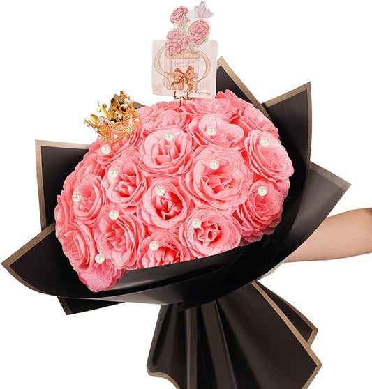 BonBloom's Glitter Roses Bouquet, 25 Artificial Flowers Glowing, DIY Fake Glitter Flowers Bouquet with Stem for Wedding Bouquets Anniversary Engagement Valentine's Day Birthday (Pink)