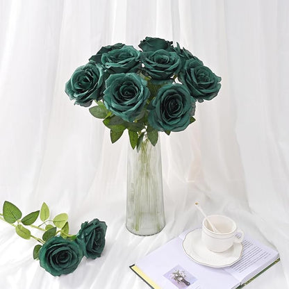 Waipfaru 16 Pcs St Patricks Day Roses, Long Stem Fake Roses Artificial Flowers, Silk Flowers for Valentines, Roses Bouquet Peacock Green Home Decor