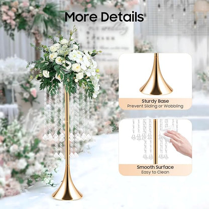 10 Pack Acrylic Crystal Flower Vases, Trumpet Shape Centerpiece with Hand-Strung Beads, Flower Stand Wedding Centerpieces on Floor for Wedding Aisle Decor, Event Centerpieces Decoration (Gold)