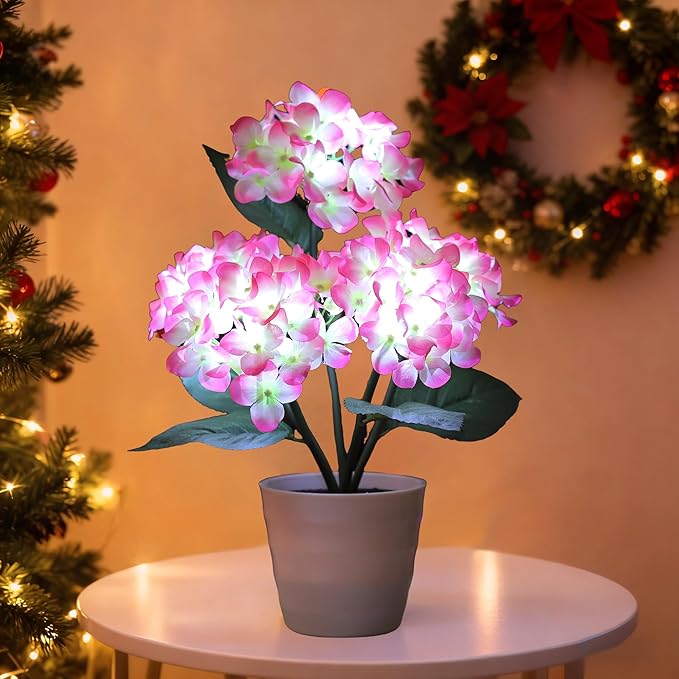 Pink Artificial Hydrangea LED Flower Pot - Lighted Floral Decor for Wedding, Christmas, Home Decor, Battery-Operated Night Light, Gift for Women