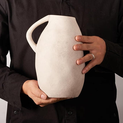 White Ceramic vase with Handle, Distressed Cement Texture, Boho Terracotta Large Pottery 10inch Tall, Rustic Farmhouse Decorative vases for Centerpieces, Unique Stoneware Jug for Flowers