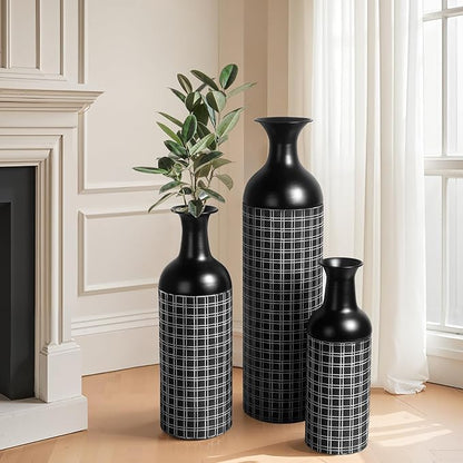 Tall Floor Vase Set of 3, Large Black Metal Vase with Minimalist White Lines & Detachable Vases Mouth, Big Modern Decorative Vases for Living Room,Hallway,Dining Rooms,Office,Kitchen.