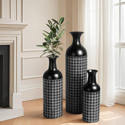 Tall Floor Vase Set of 3, Large Black Metal Vase with Minimalist White Lines & Detachable Vases Mouth, Big Modern Decorative Vases for Living Room,Hallway,Dining Rooms,Office,Kitchen.