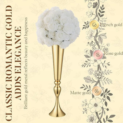 12 Pcs Tall Gold Trumpet Vases for Centerpieces & Wedding Tables - 21.65" Tall Gold Flower Vase Set with Weighted Base, Metal Trumpet Centerpieces for Tables (Bases para Centros de Mesa)