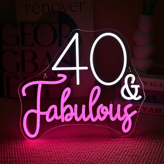 40&Fabulous LED Neon Light Sign forty Years Old Birthday Party Wall Decor Sign Gifts Bedroom Sign for Women Men Backdrop Happy 40th Birthday Party Favor
