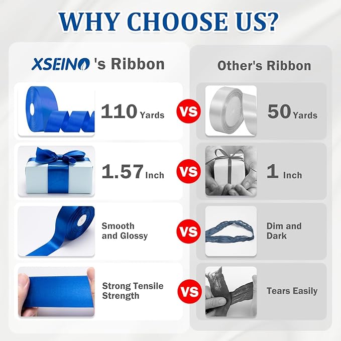 XSEINO 110 Yards Ribbon,1 1/2 Inch Royal Blue Satin Ribbon for Flower Bouquet, Gift Wrapping, Ribbons for Crafts, Hair Bows Making, Wedding Party Decoration, Sewing, Invitation Cards, Christmas