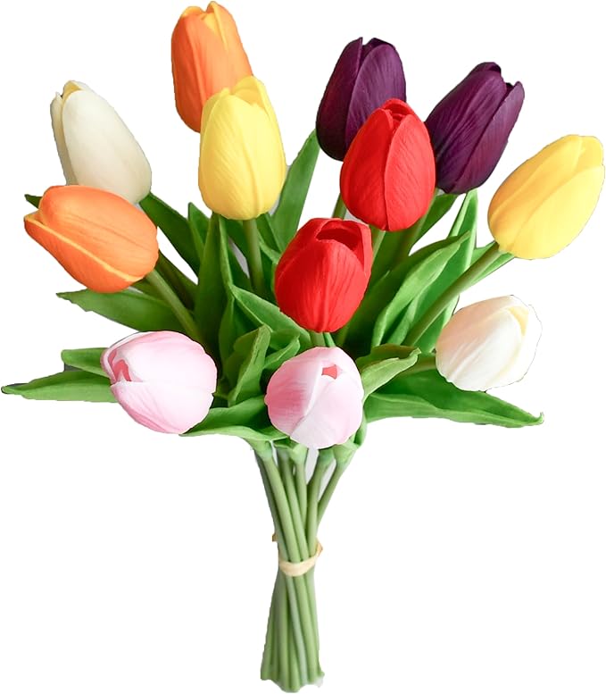 Mandy's Artificial Tulips 12 Stems Multicolor PU Faux Flowers for Thanksgiving and Christmas Decorations Wedding Home Decor 13.5 Inch