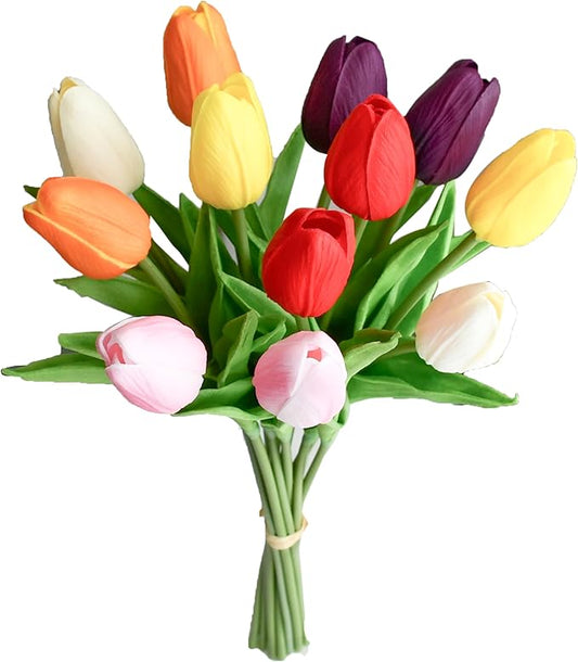 Mandy's Artificial Tulips 12 Stems Multicolor PU Faux Flowers for Thanksgiving and Christmas Decorations Wedding Home Decor 13.5 Inch