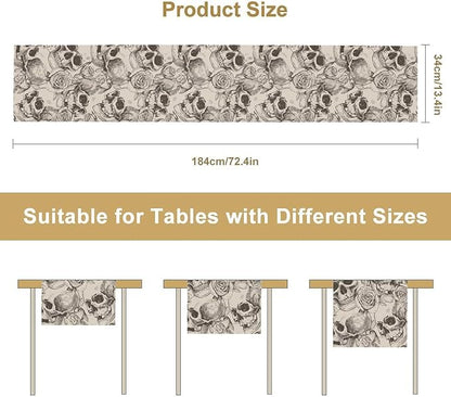 Gothic Table Runner,White Skull Floral Print Table Runner for Home Kitchen Table Dining Garden Farmhouse Wedding Party Decor 13x90 Inch