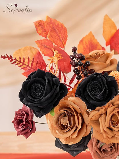 Serwalin Artificial Orange & Black Flowers, Silk Fake Flowers, Autumn Faux Flowers for Wedding Bouquet, Table Centerpieces, Home Decor