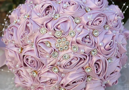 Bridal Wedding Bouquet Round Bling Brooch Bouquet Throw Toss Artificial Rose Flower Bunch for Bride Bridesmaid Wedding Quinceanera(Light Taro Purple, 8.7")