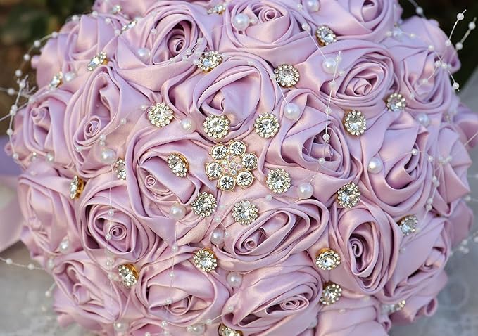 Bridal Wedding Bouquet Round Bling Brooch Bouquet Throw Toss Artificial Rose Flower Bunch for Bride Bridesmaid Wedding Quinceanera(Light Taro Purple, 9.8")