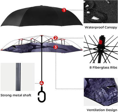 Inverted Umbrella, 49 Inch Double-Layer Vented Reverse Umbrella, Windproof Waterproof UV Protection, Lightweight C-Handle, Fiberglass Ribs, Steel Shaft, Travel/Commute/Car Use, With Sleeve