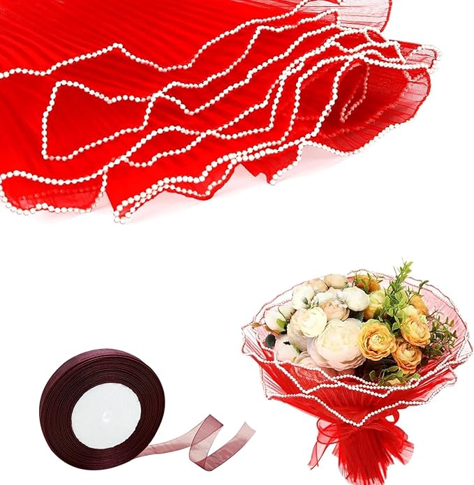 Cftone 4 Yards Pearl Edge Flower Wrapping Mesh Paper with 3/5 inch Organza Ribbon 50 Yard Gift Wrap Ribbon, Bouquet Transparent Mesh Wrapping Paper for Mother's Day Valentine's Day Wedding Graduation Birthday Gift (Red with 50 Yard Wine Red Ribbon)