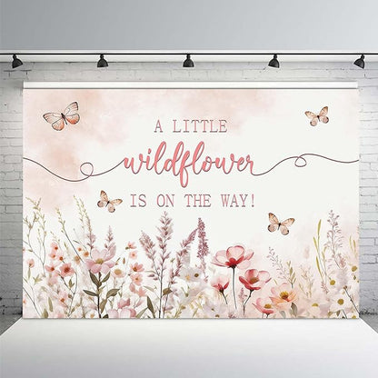 MEHOFOND 10x7ft Baby Shower Backdrop Pink Watercolor A Little Wildflower is On The Way Baby Shower Party Decorations Butterfly Theme Girl Banner Photography Background Props
