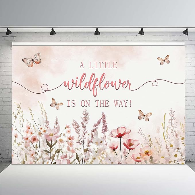 MEHOFOND 7x5ft Baby Shower Backdrop Pink Watercolor A Little Wildflower is On The Way Baby Shower Party Decorations Butterfly Theme Girl Banner Photography Background Props