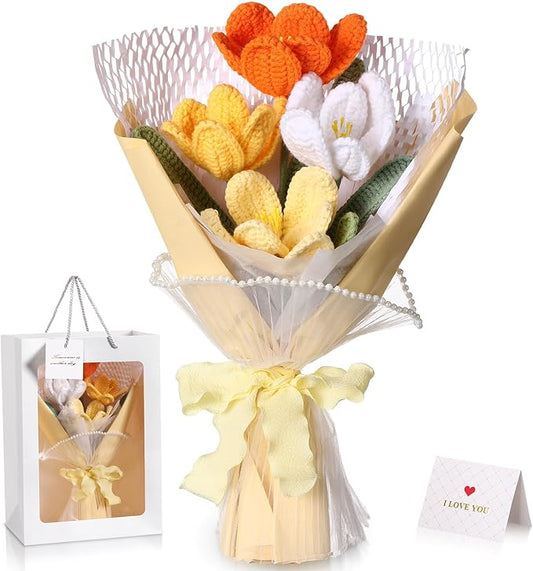 Crochet Flowers Bouquet Gift Christmas Crochet Flower Tulips Completed Handmade Knitted Bouquet with Card for Women Girlfriend Lover Appreciation Gift Birthday Wedding Teacher Decor(Orange)