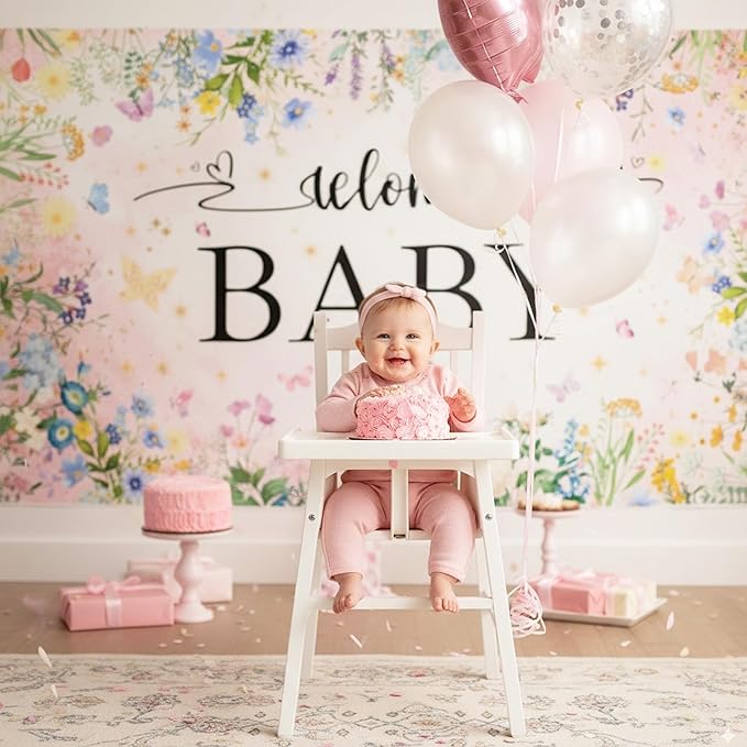 Wildflower Baby Shower Decorations Banner - Floral Welcome Baby Backdrop Party Supplies, Flower Theme Photo Background for Birthday Baby Shower Gender Reveal (72.8 x 35.4 inch)