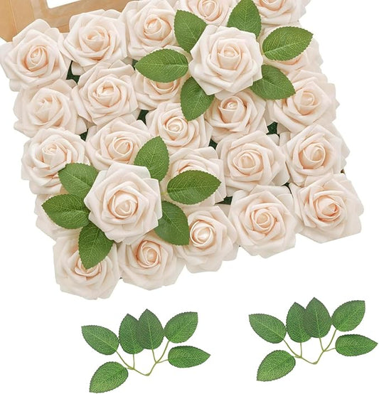Champagne Artificial Fake Roses 25 PCS with Stem, Flowers for Crafts Bouquets for DIY Wedding Centerpieces Table Arrangements for Party Home Garden Decorations