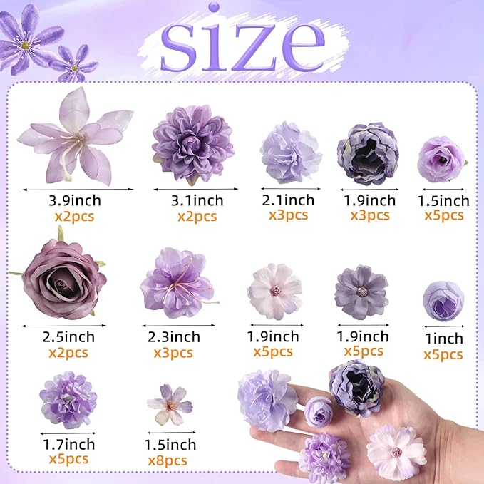 Fake Flower Heads for Crafts - Purple Silk Artificial Roses, Peonies, Daisies & Mini Floral Heads Bulk (48-Pack) for Wedding Decor, Graduation Cap, Cake Topper, Baby Shower, Home Decoration