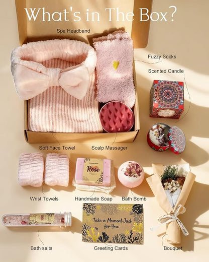 Coralogo Rose Spa Gift Baskets - Natural Pampering Spa Set, Self-Care Get Well Soon Basket,Thank You Gifts, Unique 11pcs Gift Set for Birthday Christmas Valentines Day Mothers Day