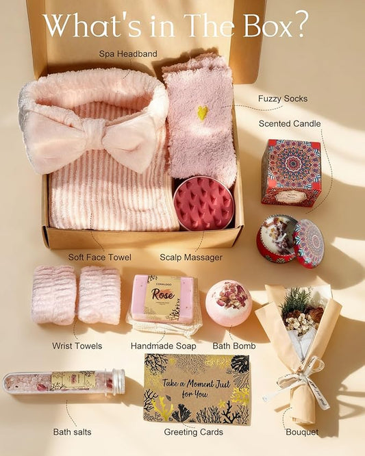 Coralogo Rose Spa Gift Baskets - Natural Pampering Spa Set, Self-Care Get Well Soon Basket,Thank You Gifts, Unique 11pcs Gift Set for Birthday Christmas Valentines Day Mothers Day