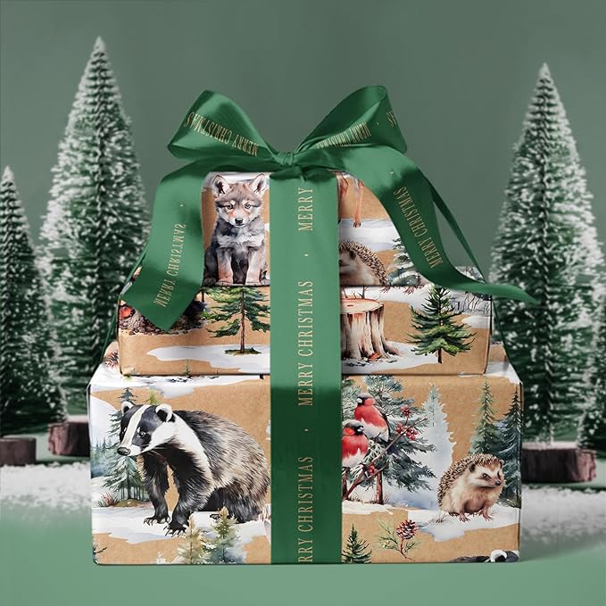 WRAPAHOLIC Kraft Christmas Wrapping Paper - Mini Roll - 17 Inch x 33 Feet - Wild Animals Winterfall Watercolor Design for Christmas, Holiday, Party Celebration