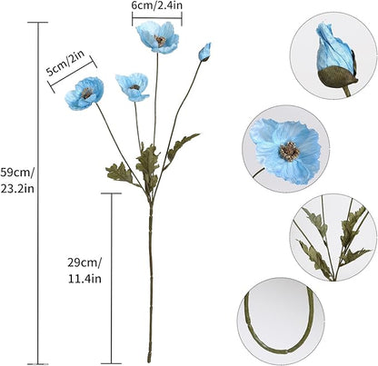 IPOPU Sky Blue Artificial Poppy 6pcs Light Blue Fake Poppies Baby Blue Silk Flowers for Baby Shower Centerpieces Bridal Shower Party Decorations (Sky Blue)