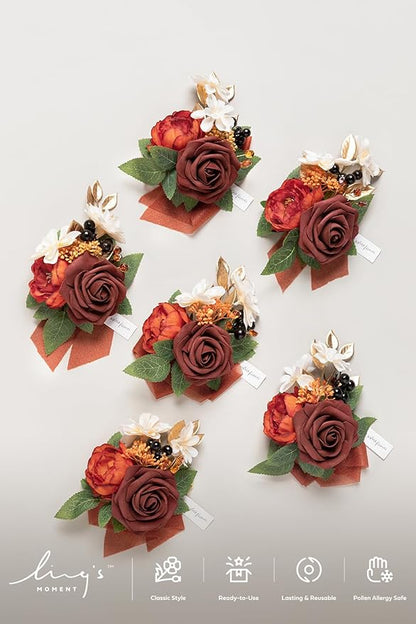 Ling's moment 6pcs Wedding Wrist Corsage Artificial Flowers, Girl/Mother Homecoming Prom Corsages Wristlet Décor, etc. Burnt Orange Terracotta