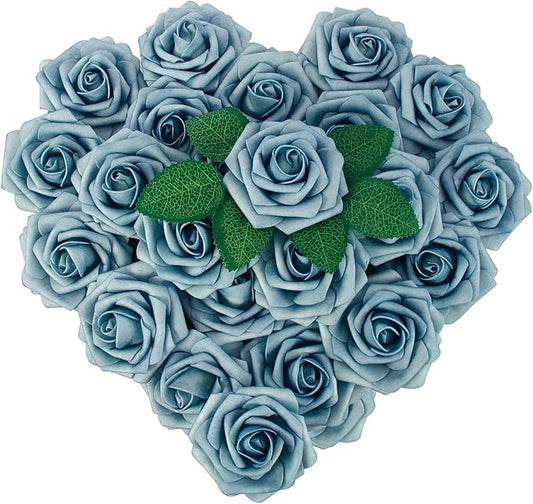 [25PCS] Light Blue Roses Artificial Flowers with Long Stem Real Touch Fake Foam Roses for Decoration DIY Wedding Bouquets Centerpieces Bridal Shower Flower Arrangements Home Decor