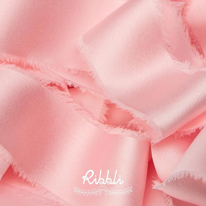 Ribbli Light Pink Silk Satin Ribbon 1.5 Inch x 12 Yard Handmade Frayed Chiffon Ribbon with Wooden Spool for Gift Wrapping, Wedding Invitations, Bridal Bouquets, Home Decor