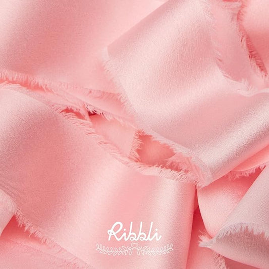 Ribbli Light Pink Silk Satin Ribbon 1.5 Inch x 12 Yard Handmade Frayed Chiffon Ribbon with Wooden Spool for Gift Wrapping, Wedding Invitations, Bridal Bouquets, Home Decor