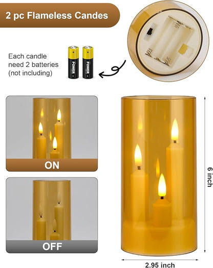 Enido Gold 2 Pc 3-in-1 Taper Flameless LED Candles with Remote, Battery Operated Acrylic Pillar Set, 3" x 6" Flickering Electric Lights for Cozy Home & Holiday Romantic Decor
