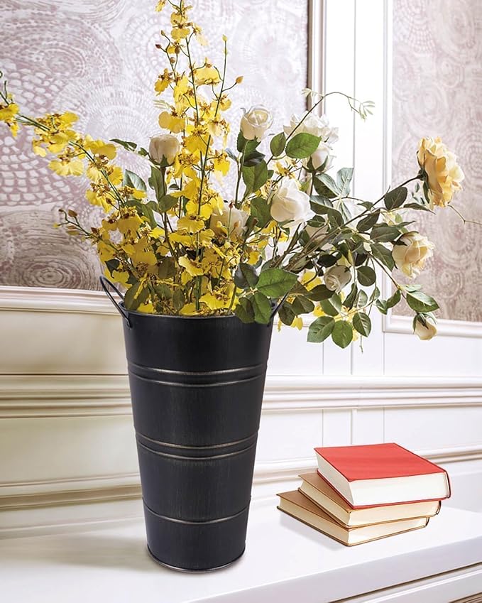 12 Inch Galvanized Metal Vases for Flowers - 6 Pcs Farmhouse Decorative Tall Flower Bucket with Handles, Rustic French Tin Planter Buckets for Wedding Decor (Black)