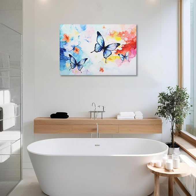 KPLUNDO Butterfly Wall Art Abstract Flower Picture Watercolour Painting Modern Artwork Home Decor Framed for Living Room Bathroom Bedroom Office Decoration Ready to Hang(Art-4,28.00x42.00 inch)