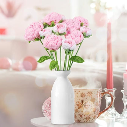 YoungJoy 12 Pcs Crochet Rose Handmade Knitted Flowers Tulip Sunflower Daisy Heart Artificial Knitted Floral Mother Day Graduation Home Decor(Mixed Pink)